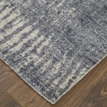 3' X 5' Gray Ivory and Blue Abstract Hand Woven Worn Faded Area Rug