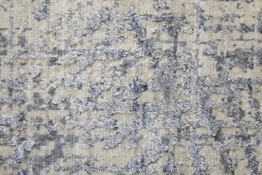 3' X 5' Gray Ivory and Blue Abstract Hand Woven Worn Faded Area Rug