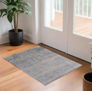 3' X 5' Gray Ivory and Blue Abstract Hand Woven Worn Faded Area Rug