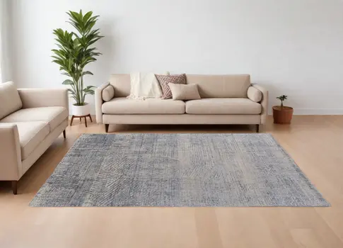 12' X 15' Gray Ivory and Blue Abstract Hand Woven Worn Faded Area Rug