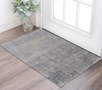 2' X 3' Gray Ivory and Blue Abstract Hand Woven Worn Faded Area Rug