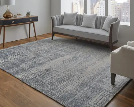 2' X 3' Gray Ivory and Blue Abstract Hand Woven Worn Faded Area Rug