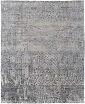 2' X 3' Gray Ivory and Blue Abstract Hand Woven Worn Faded Area Rug