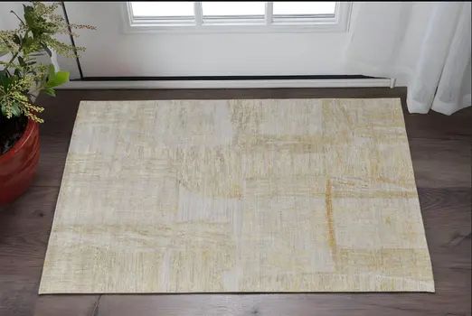 2' X 3' Yellow and Ivory Abstract Hand Woven Area Rug