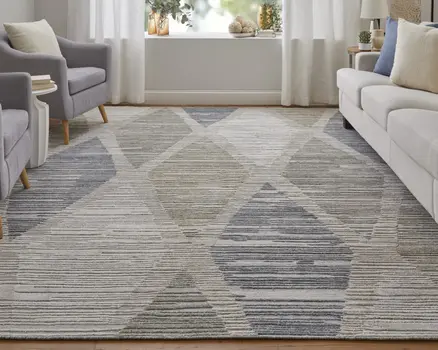 10' X 14' Ivory and Blue Geometric Hand Woven Area Rug