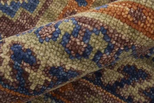 3' X 5' Blue Red and Tan Wool Geometric Hand Knotted Area Rug With Fringe