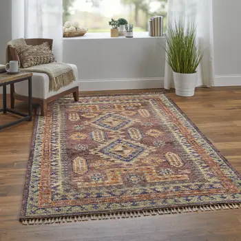 3' X 5' Blue Red and Tan Wool Geometric Hand Knotted Area Rug With Fringe