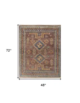 4' X 6' Blue Red and Tan Wool Geometric Hand Knotted Area Rug With Fringe