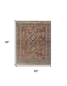 5' X 8' Blue Red and Tan Wool Geometric Hand Knotted Area Rug With Fringe