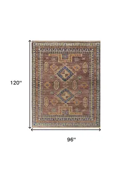 8' X 10' Blue Red and Tan Wool Geometric Hand Knotted Area Rug With Fringe