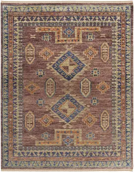 8' X 10' Blue Red and Tan Wool Geometric Hand Knotted Area Rug With Fringe