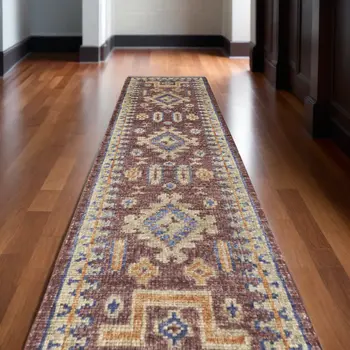 10' Blue Red and Tan Wool Geometric Hand Knotted Runner Rug With Fringe