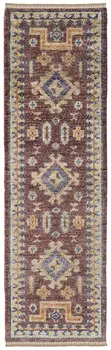 10' Blue Red and Tan Wool Geometric Hand Knotted Runner Rug With Fringe