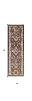 10' Blue Red and Tan Wool Geometric Hand Knotted Runner Rug With Fringe