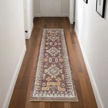 8' Blue Red and Tan Wool Geometric Hand Knotted Runner Rug With Fringe
