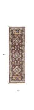 8' Blue Red and Tan Wool Geometric Hand Knotted Runner Rug With Fringe