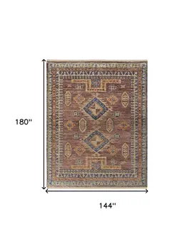 12' X 15' Blue Red and Tan Wool Geometric Hand Knotted Area Rug With Fringe