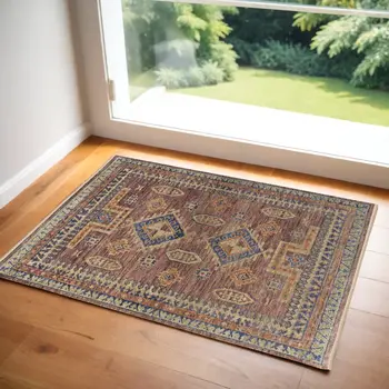 2' X 3' Blue Red and Tan Wool Geometric Hand Knotted Area Rug With Fringe