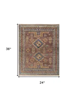 2' X 3' Blue Red and Tan Wool Geometric Hand Knotted Area Rug With Fringe