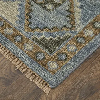 3' X 5' Ivory Tan and Blue Wool Oriental Hand Knotted Area Rug With Fringe