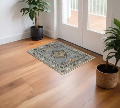 3' X 5' Ivory Tan and Blue Wool Oriental Hand Knotted Area Rug With Fringe