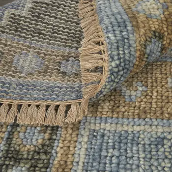 3' X 5' Ivory Tan and Blue Wool Oriental Hand Knotted Area Rug With Fringe