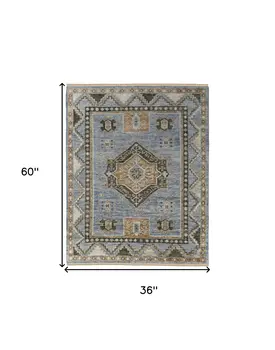 3' X 5' Ivory Tan and Blue Wool Oriental Hand Knotted Area Rug With Fringe