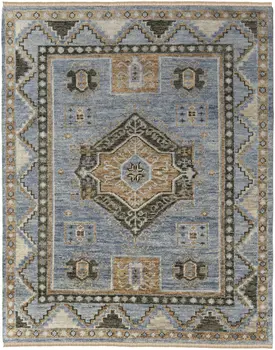 3' X 5' Ivory Tan and Blue Wool Oriental Hand Knotted Area Rug With Fringe