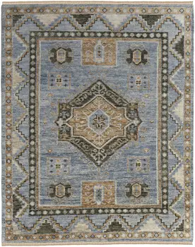 5' X 8' Ivory Tan and Blue Wool Oriental Hand Knotted Area Rug With Fringe