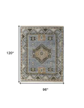 8' X 10' Ivory Tan and Blue Wool Oriental Hand Knotted Area Rug With Fringe