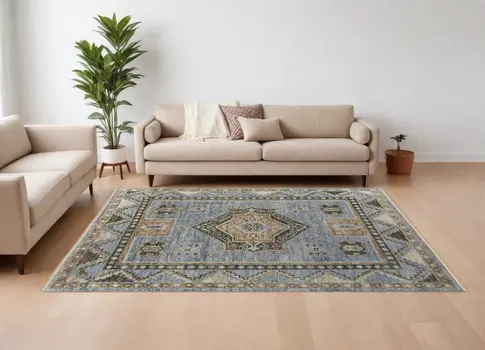 9' X 12' Ivory Tan and Blue Wool Oriental Hand Knotted Area Rug With Fringe