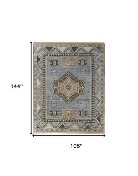 9' X 12' Ivory Tan and Blue Wool Oriental Hand Knotted Area Rug With Fringe