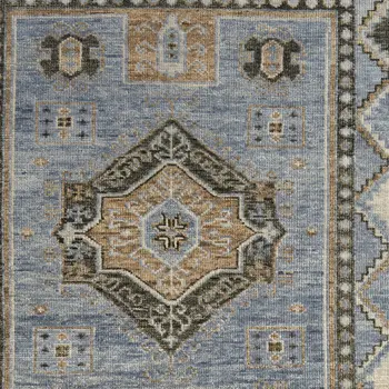 10' X 14' Ivory Tan and Blue Wool Oriental Hand Knotted Area Rug With Fringe