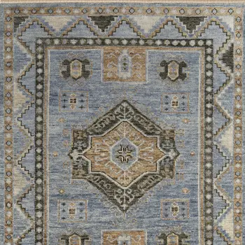 10' X 14' Ivory Tan and Blue Wool Oriental Hand Knotted Area Rug With Fringe