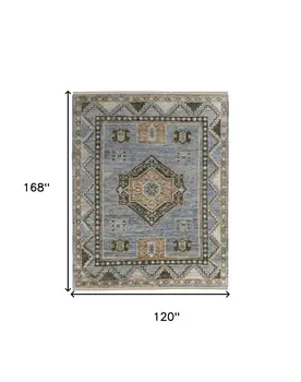10' X 14' Ivory Tan and Blue Wool Oriental Hand Knotted Area Rug With Fringe