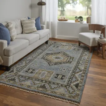 12' Ivory Tan and Blue Wool Oriental Hand Knotted Runner Rug With Fringe