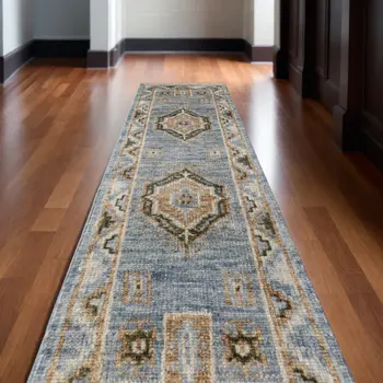 12' Ivory Tan and Blue Wool Oriental Hand Knotted Runner Rug With Fringe