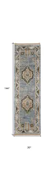 12' Ivory Tan and Blue Wool Oriental Hand Knotted Runner Rug With Fringe