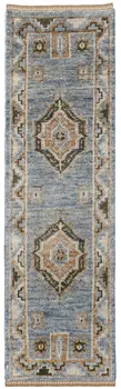14' Ivory Tan and Blue Wool Oriental Hand Knotted Runner Rug With Fringe