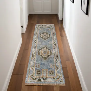 8' Ivory Tan and Blue Wool Oriental Hand Knotted Runner Rug With Fringe