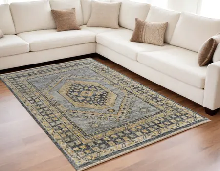 5' X 8' Blue Gray and Tan Wool Oriental Hand Knotted Area Rug With Fringe