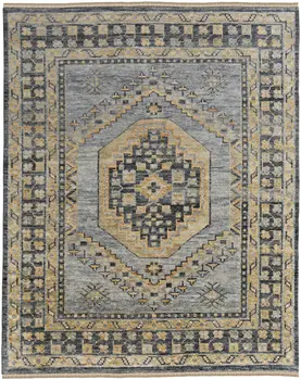 5' X 8' Blue Gray and Tan Wool Oriental Hand Knotted Area Rug With Fringe