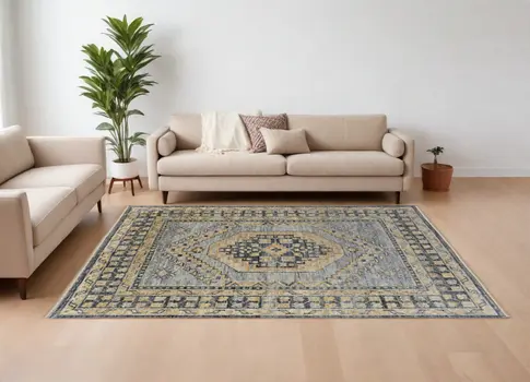8' X 10' Blue Gray and Tan Wool Oriental Hand Knotted Area Rug With Fringe