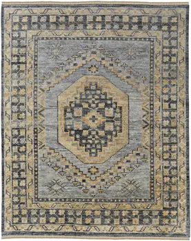 9' X 12' Blue Gray and Tan Wool Oriental Hand Knotted Area Rug With Fringe