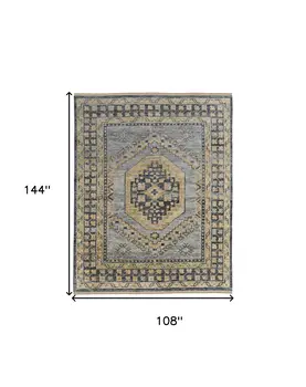 9' X 12' Blue Gray and Tan Wool Oriental Hand Knotted Area Rug With Fringe