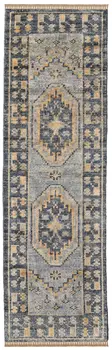 10' Blue Gray and Tan Wool Oriental Hand Knotted Runner Rug With Fringe