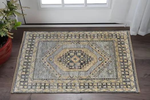 2' X 3' Blue Gray and Tan Wool Oriental Hand Knotted Area Rug With Fringe