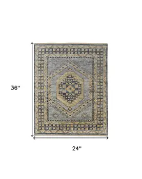 2' X 3' Blue Gray and Tan Wool Oriental Hand Knotted Area Rug With Fringe