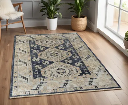 4' X 6' Blue and Ivory Wool Geometric Hand Knotted Area Rug With Fringe