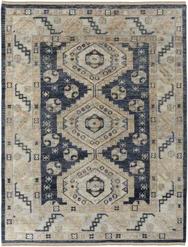 4' X 6' Blue and Ivory Wool Geometric Hand Knotted Area Rug With Fringe